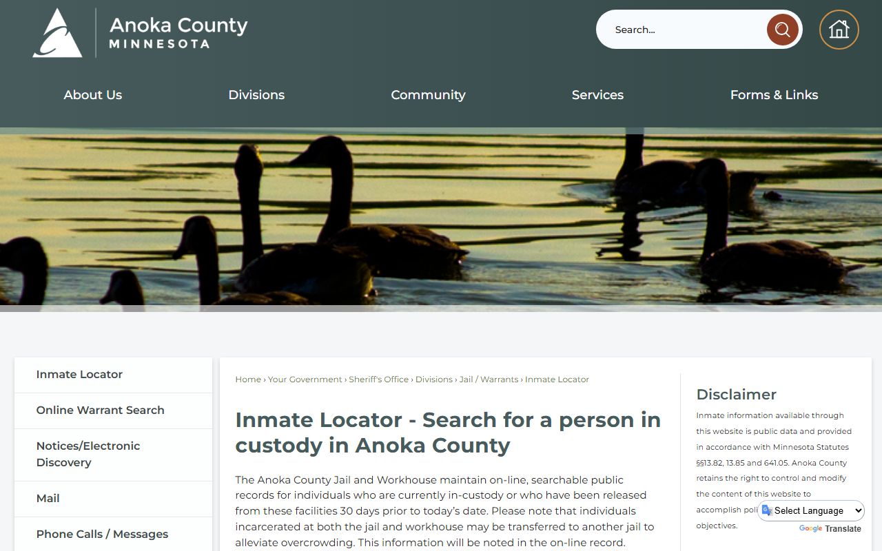 Anoka County inmate locator search controls for jail roster lookup