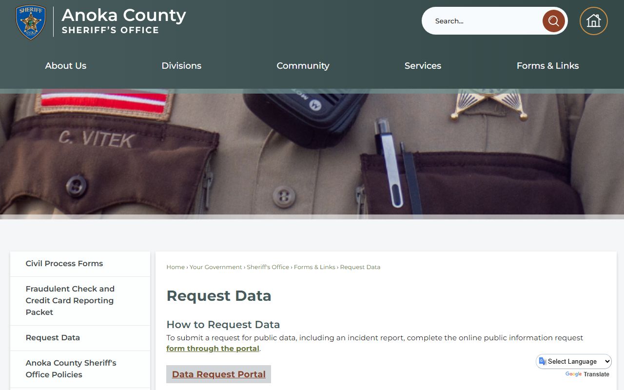 Anoka County sheriff request data page for jail records and booking information