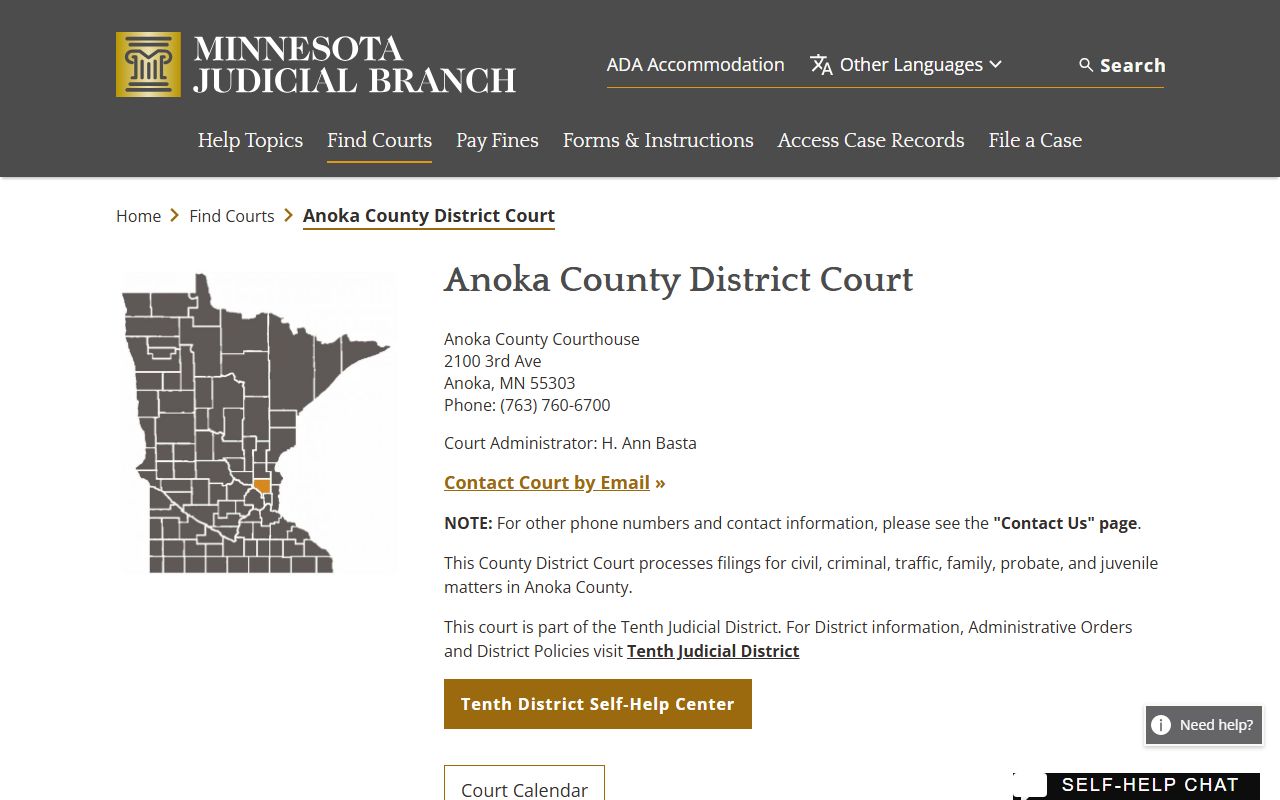 Anoka County District Court contact and court information page