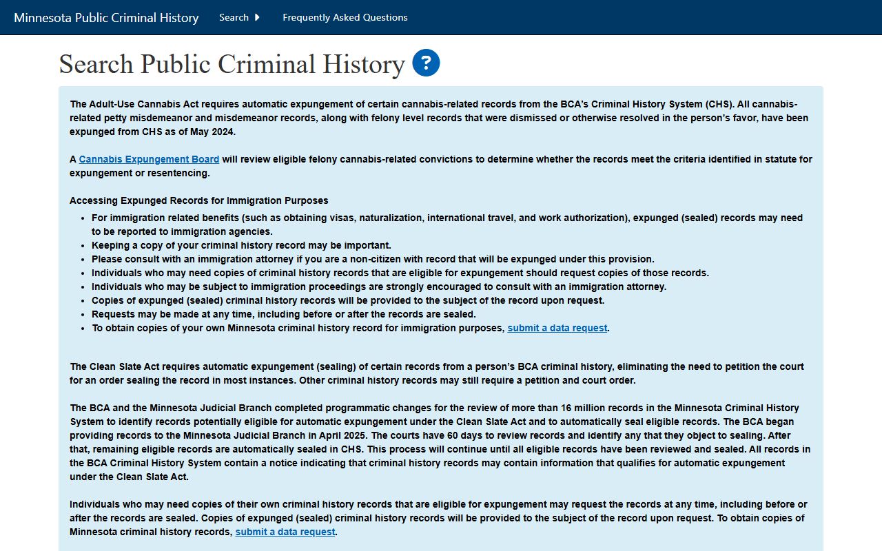 Minnesota BCA public criminal history search page